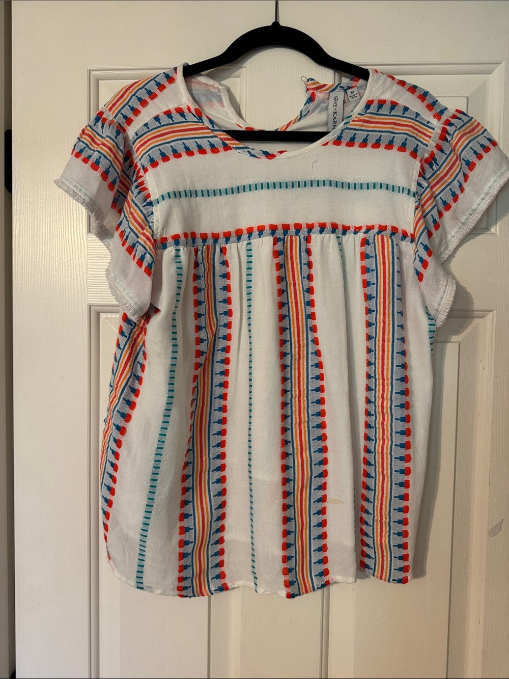 White Embroidered Short-Sleeve Tunic with Red & Blue Stripe Detail